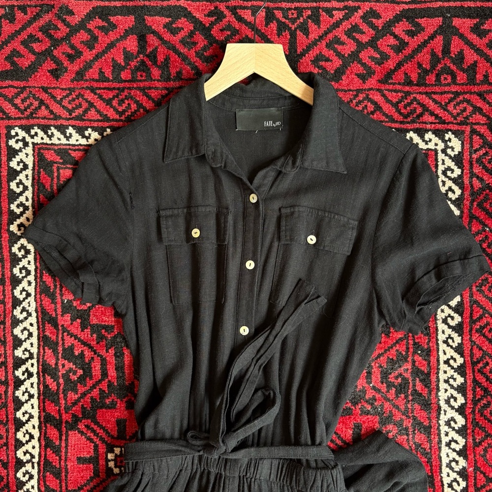 black linen jumpsuit - short sleeve button down with belt euc - Picture 2 of 4